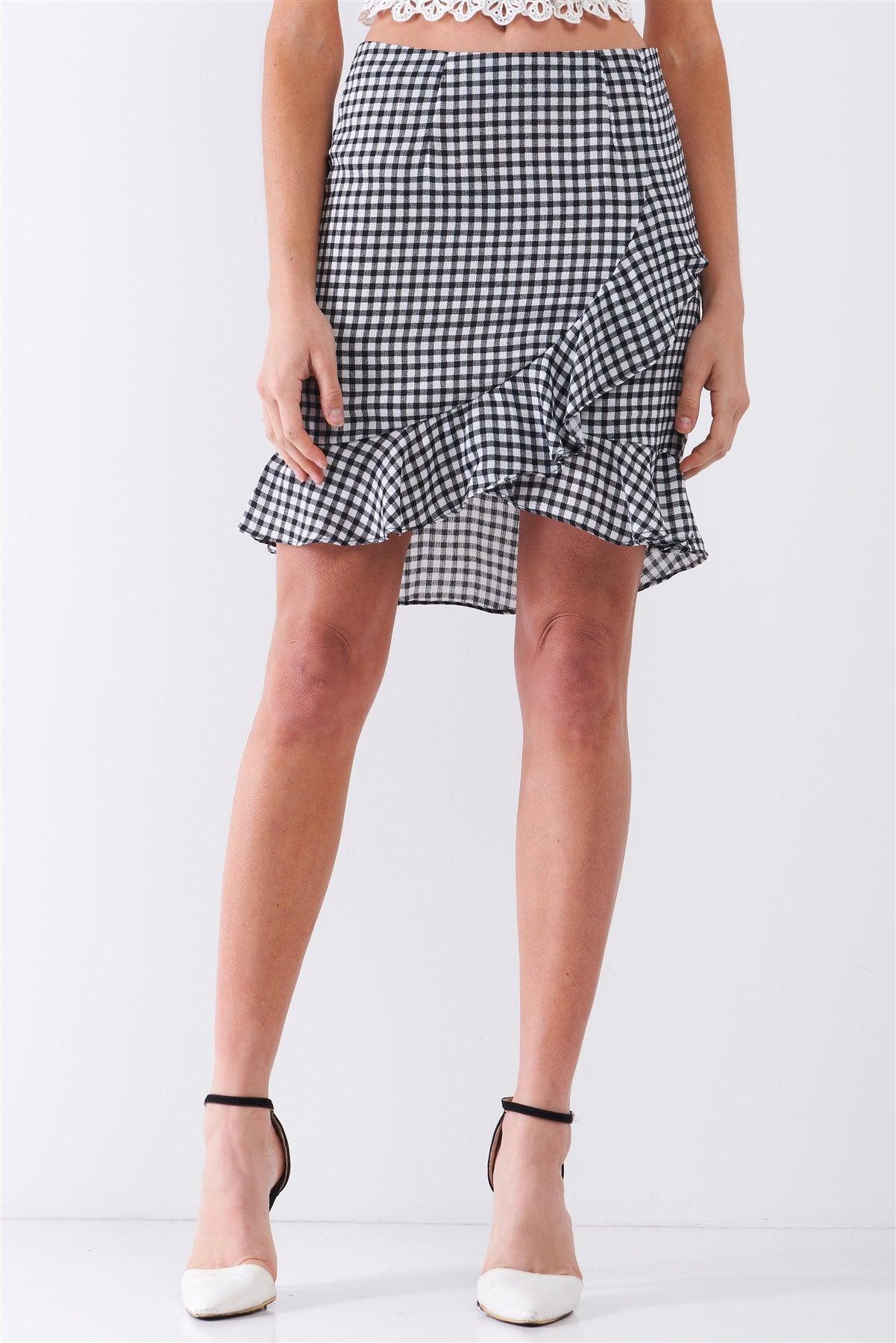 Black & White Checkered High-Waist Ruffle Wrap Front Detail Mini Skirt /2-2-1