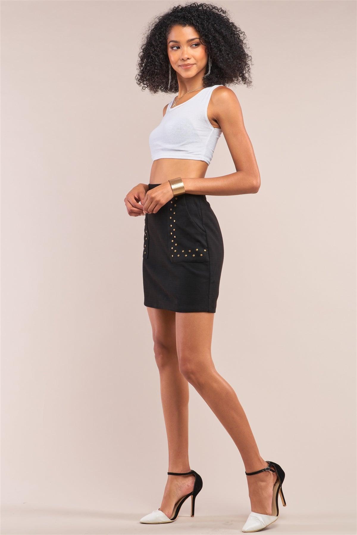 Black Faux Suede High Waist Studded Detail A-Line Mini Skirt /1-2-2