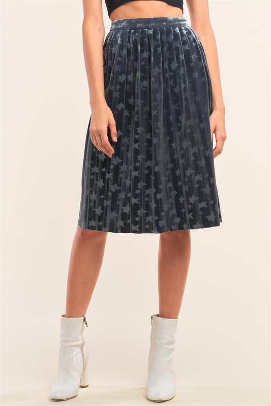 Starstruck Dusty Blue Velvet Star Print High Waisted Pleated Midi Skirt /1-2-2-1