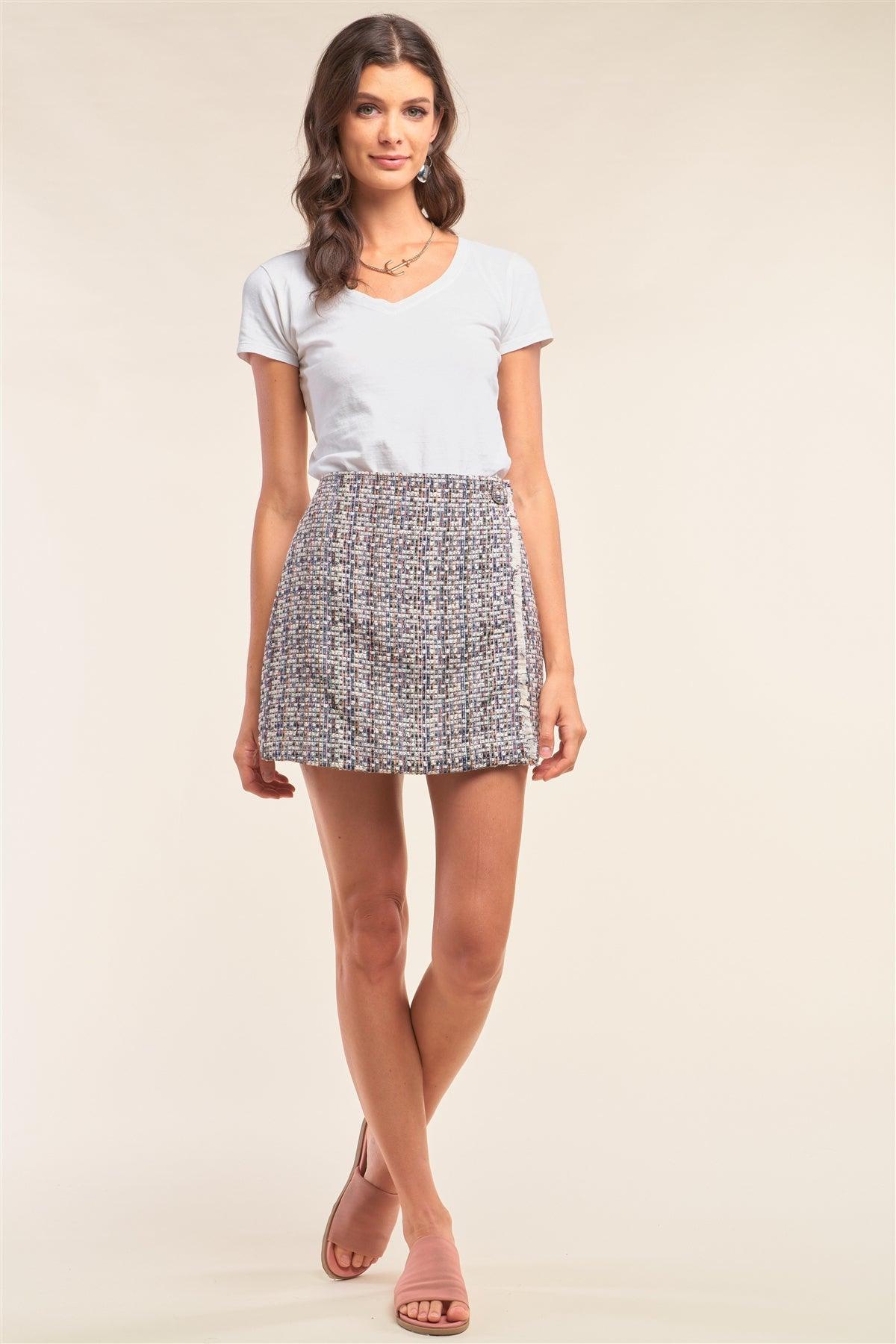 Cream Rainbow Plaid High Waisted Shredded Hem Detail Mini Skirt /1-1-2-1-2