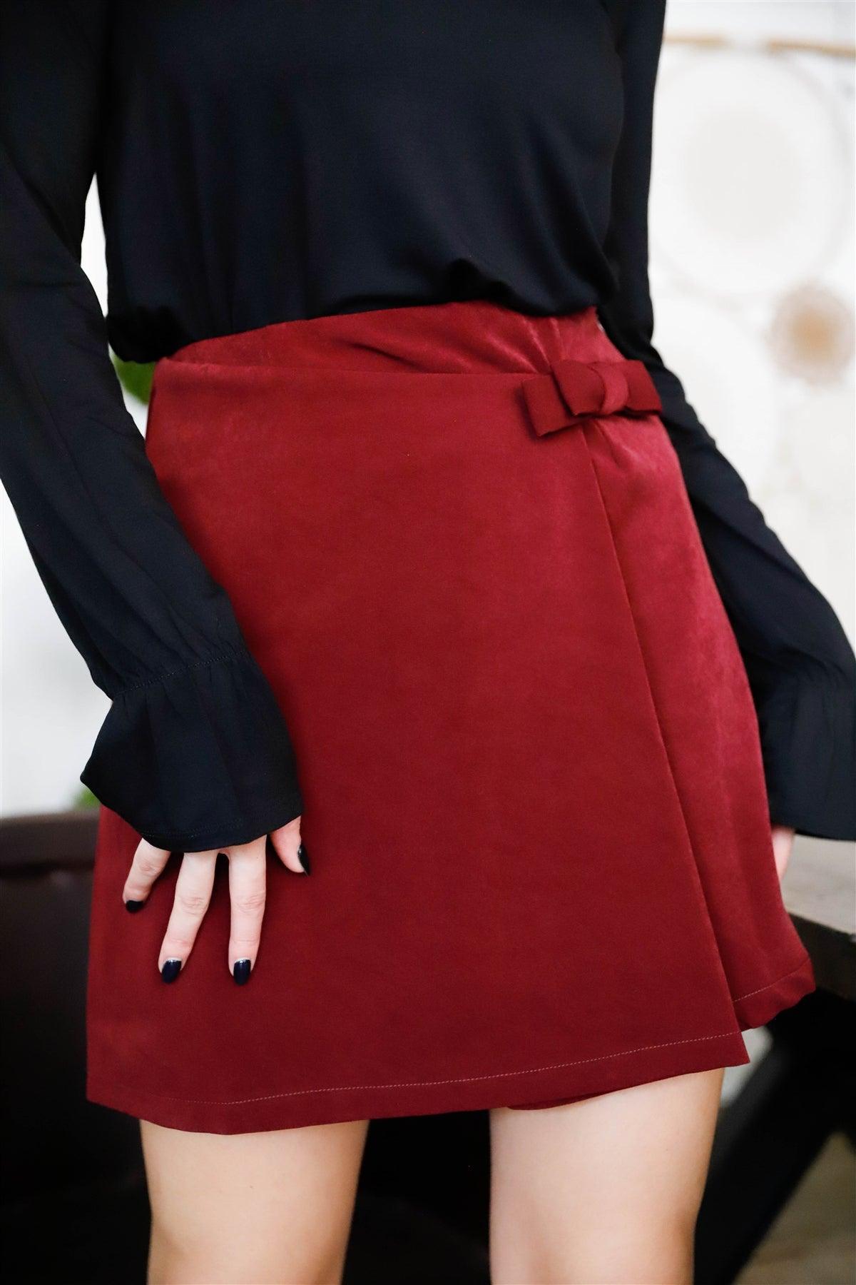 Burgundy Wrap Front Side Bow Detail Mini Skirt /1-2-2-1