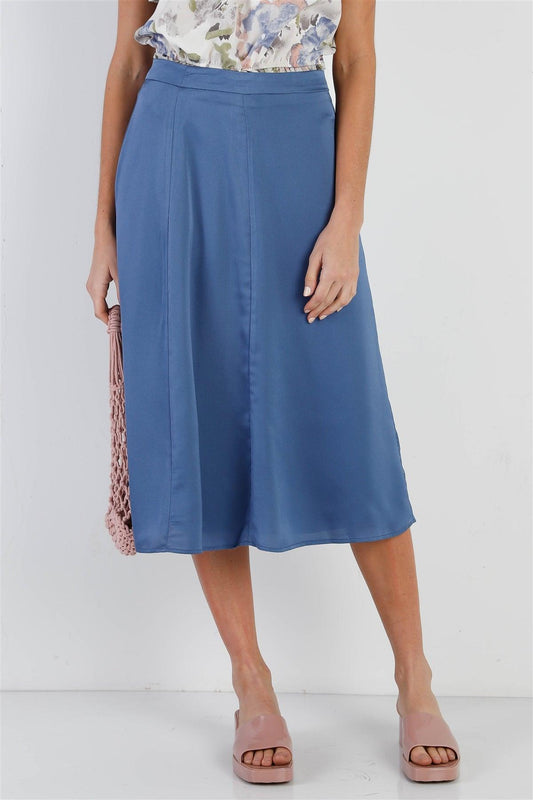 Blue Satin Effect Midi Slip Skirt