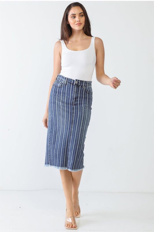 Denim Stripe Cotton Five Pocket High Waist Back Slit Midi Skirt /3-2-1