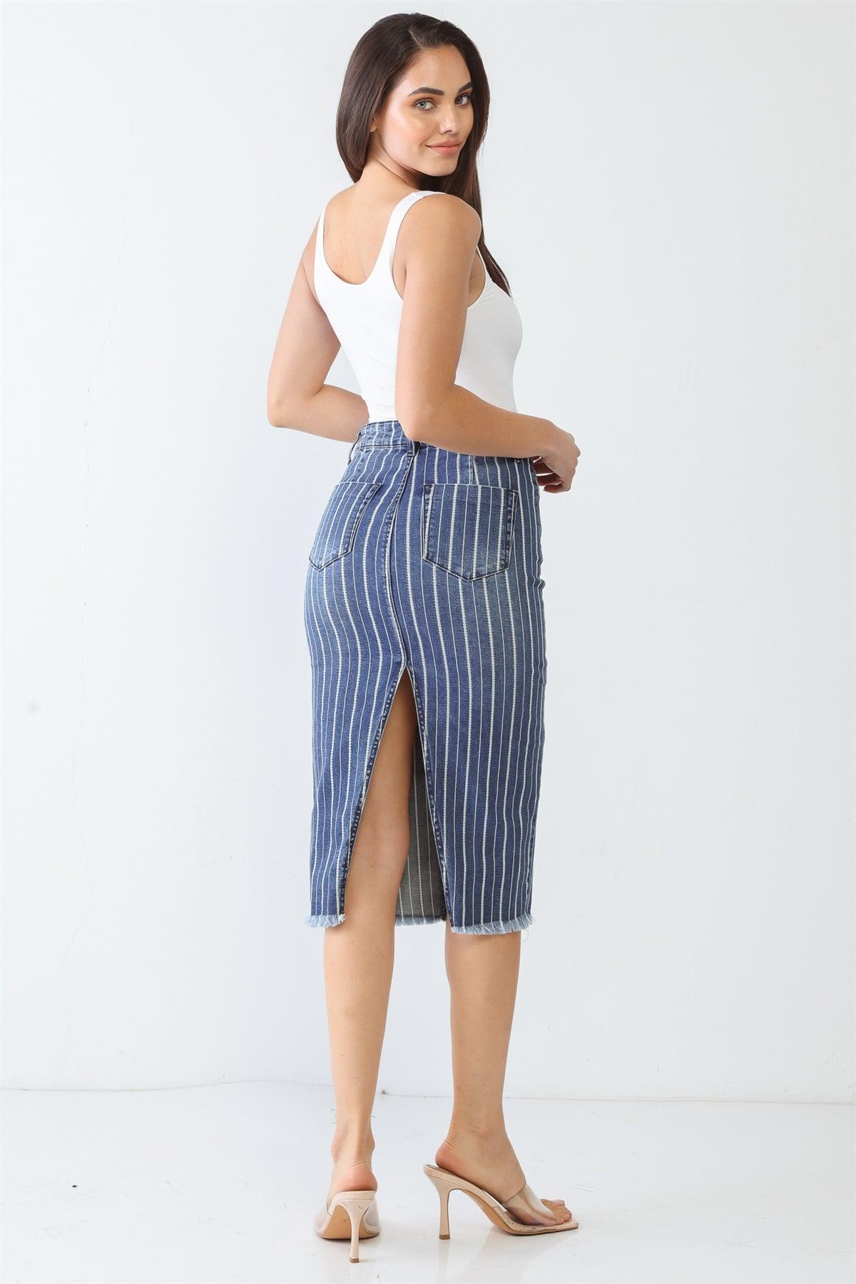 Denim Stripe Cotton Five Pocket High Waist Back Slit Midi Skirt /3-2-1