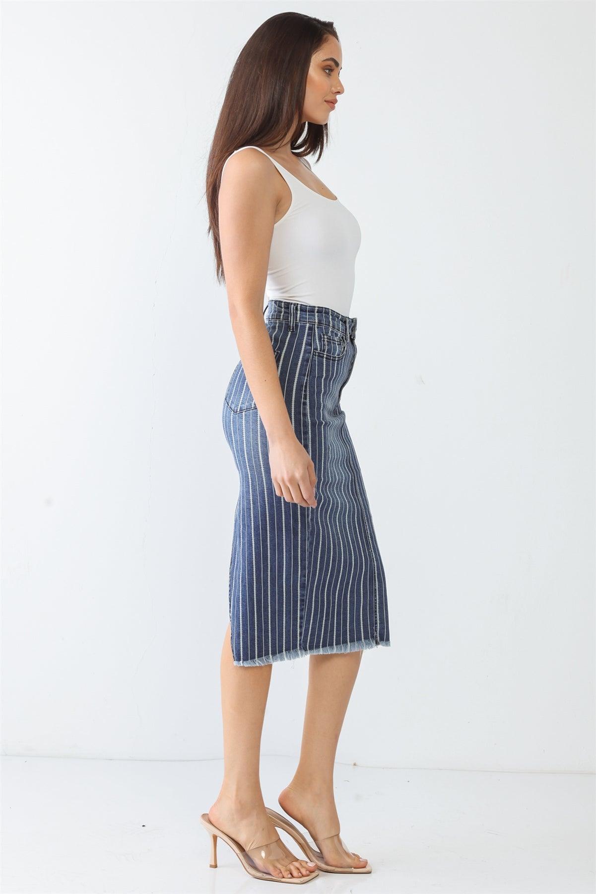 Denim Stripe Cotton Five Pocket High Waist Back Slit Midi Skirt /3-2-1