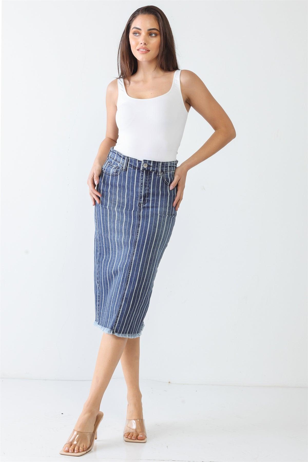 Denim Stripe Cotton Five Pocket High Waist Back Slit Midi Skirt /3-2-1