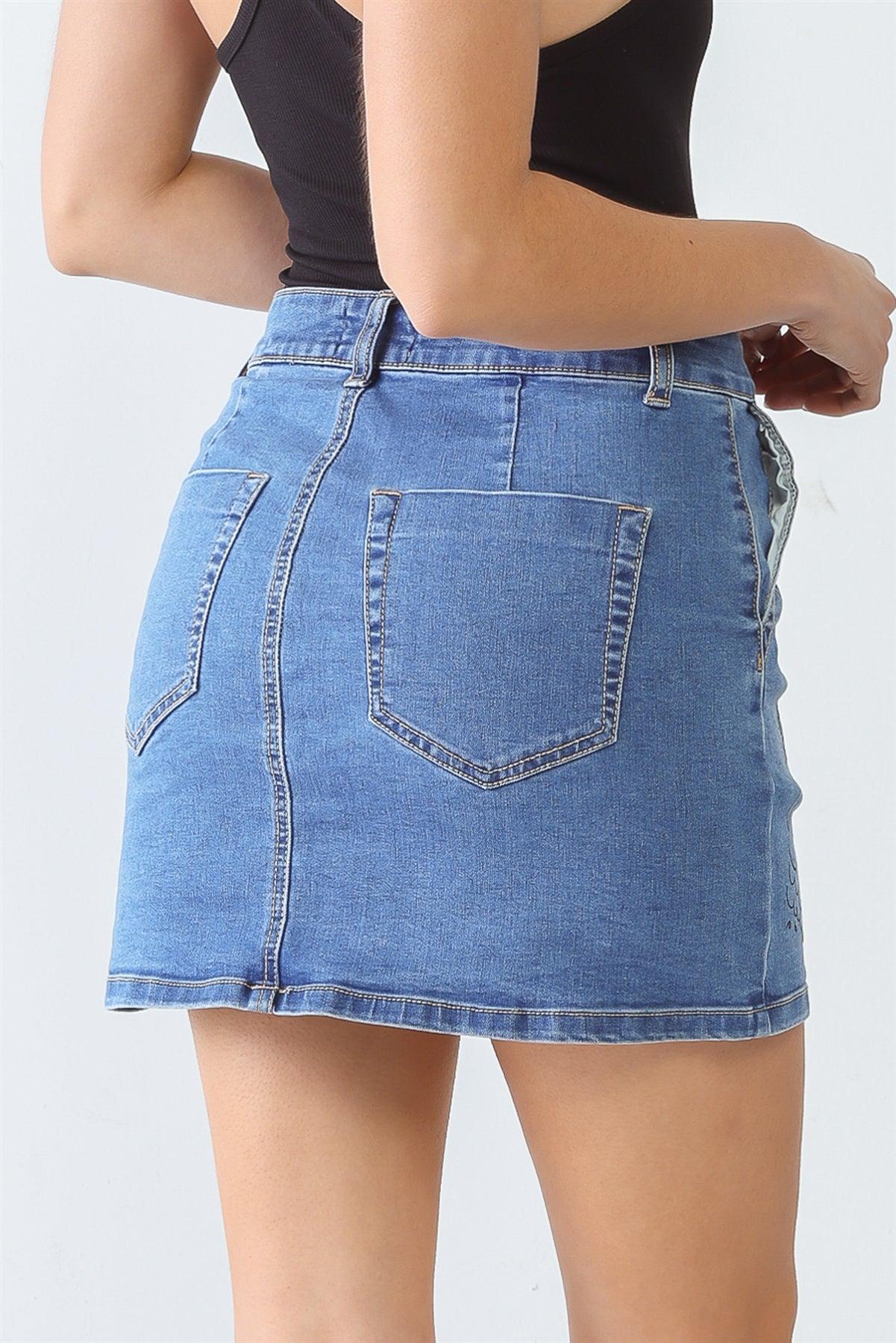 Denim "Children's Drawings" Print Cotton Four Pocket High Waist Mini Skirt /3-2-1