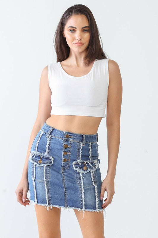 Denim Cotton Button Two Pocket Trim High Waist Mini Skirt /3-2-1