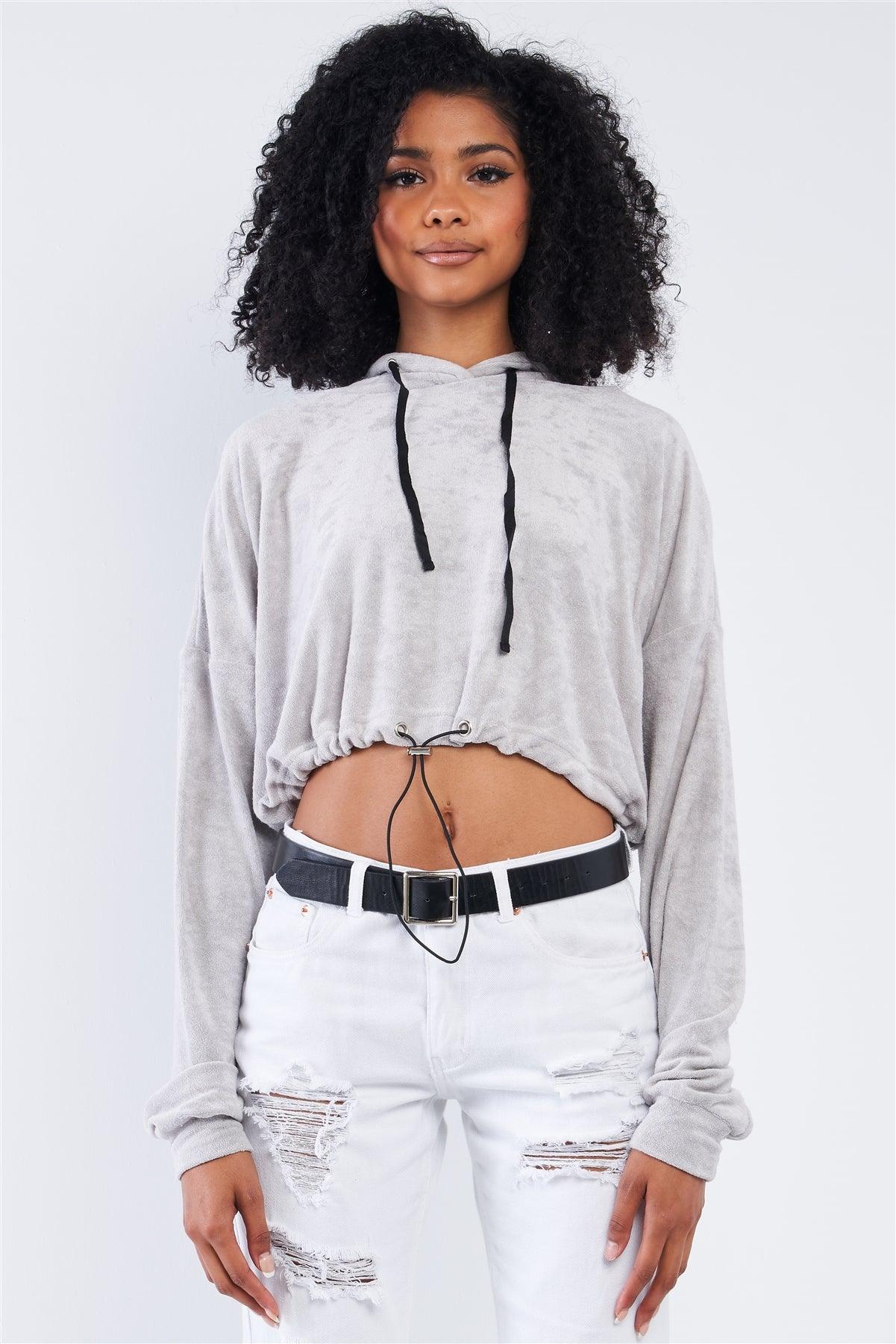 Grey Soft Relaxed Fit Long Sleeve Elastic Loop Draw String Tie Cropped Hoodie /3-2-1