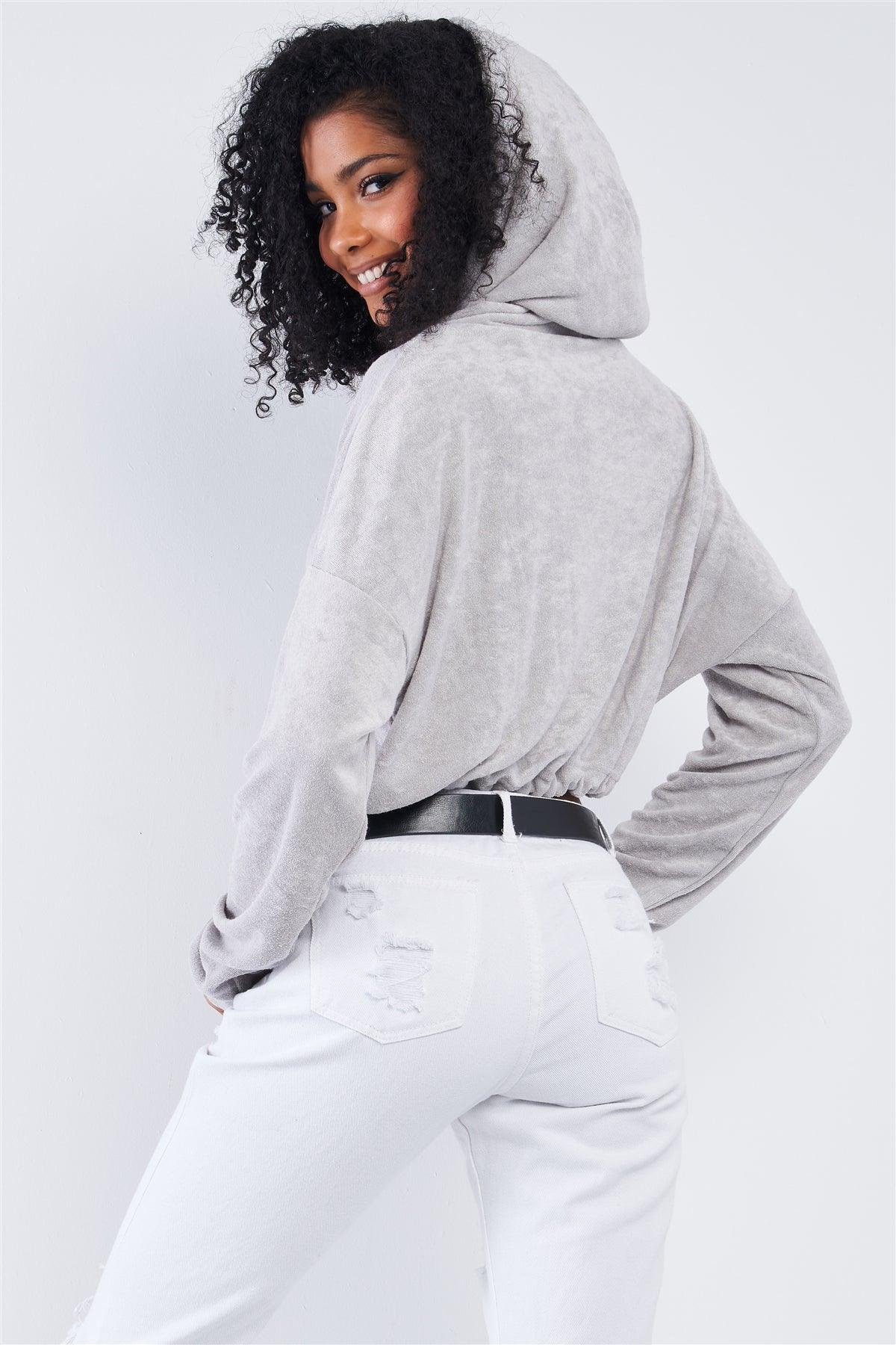 Grey Soft Relaxed Fit Long Sleeve Elastic Loop Draw String Tie Cropped Hoodie /3-2-1