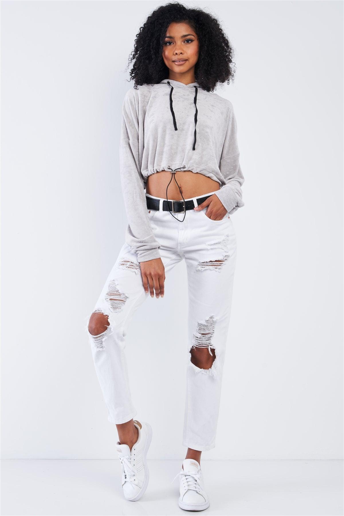 Grey Soft Relaxed Fit Long Sleeve Elastic Loop Draw String Tie Cropped Hoodie /3-2-1