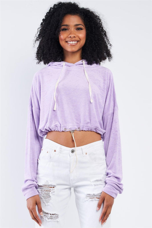 Lavender Soft Relaxed Fit Long Sleeve Elastic Loop Draw String Tie Cropped Hoodie /3-2-1