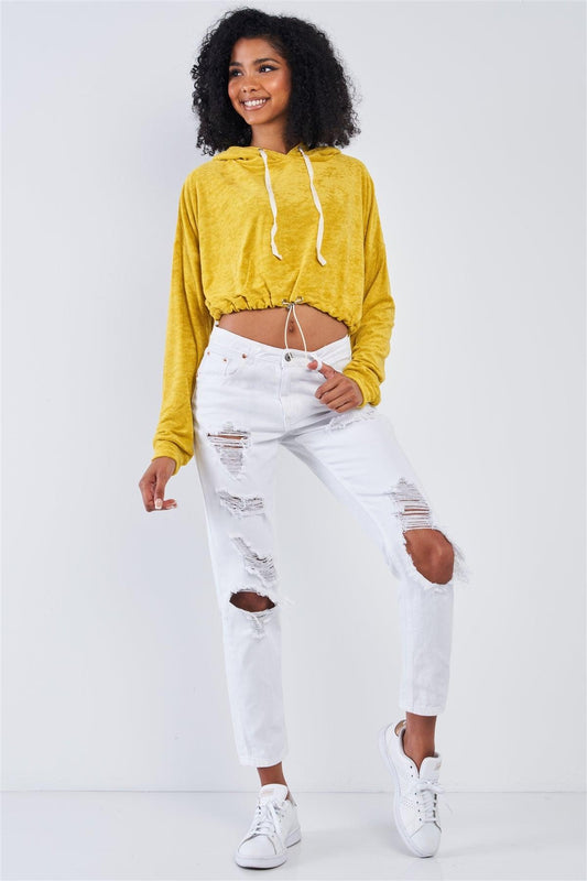 Lemon Yellow Soft Relaxed Fit Long Sleeve Elastic Loop Draw String Tie Cropped Hoodie /3-2-1