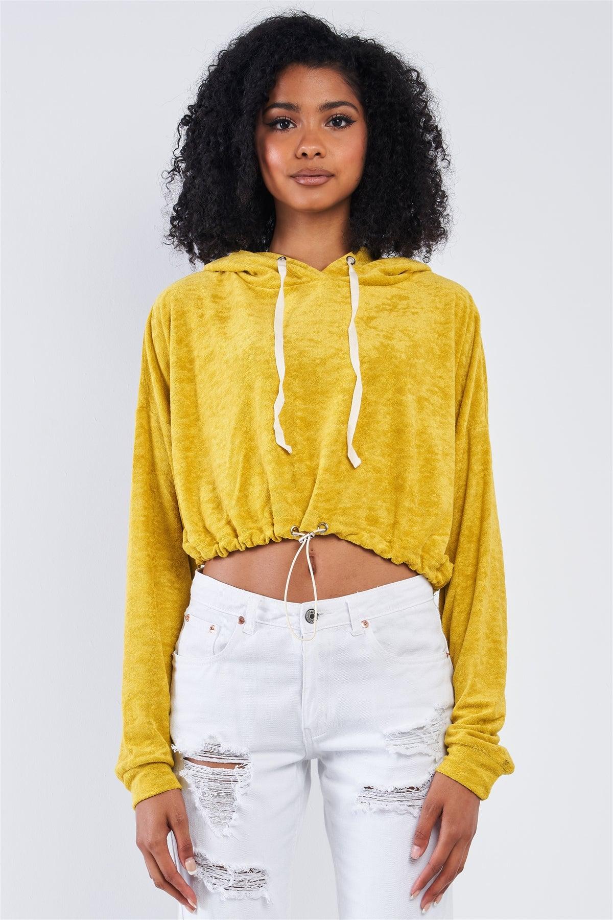 Lemon Yellow Soft Relaxed Fit Long Sleeve Elastic Loop Draw String Tie Cropped Hoodie /3-2-1