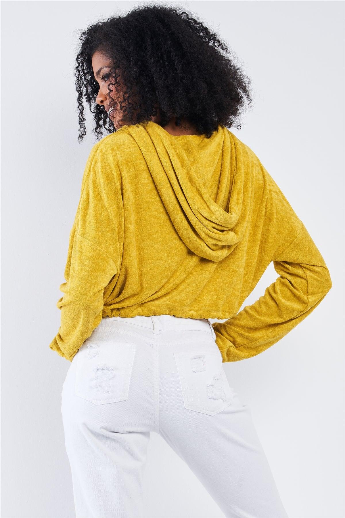 Lemon Yellow Soft Relaxed Fit Long Sleeve Elastic Loop Draw String Tie Cropped Hoodie /3-2-1