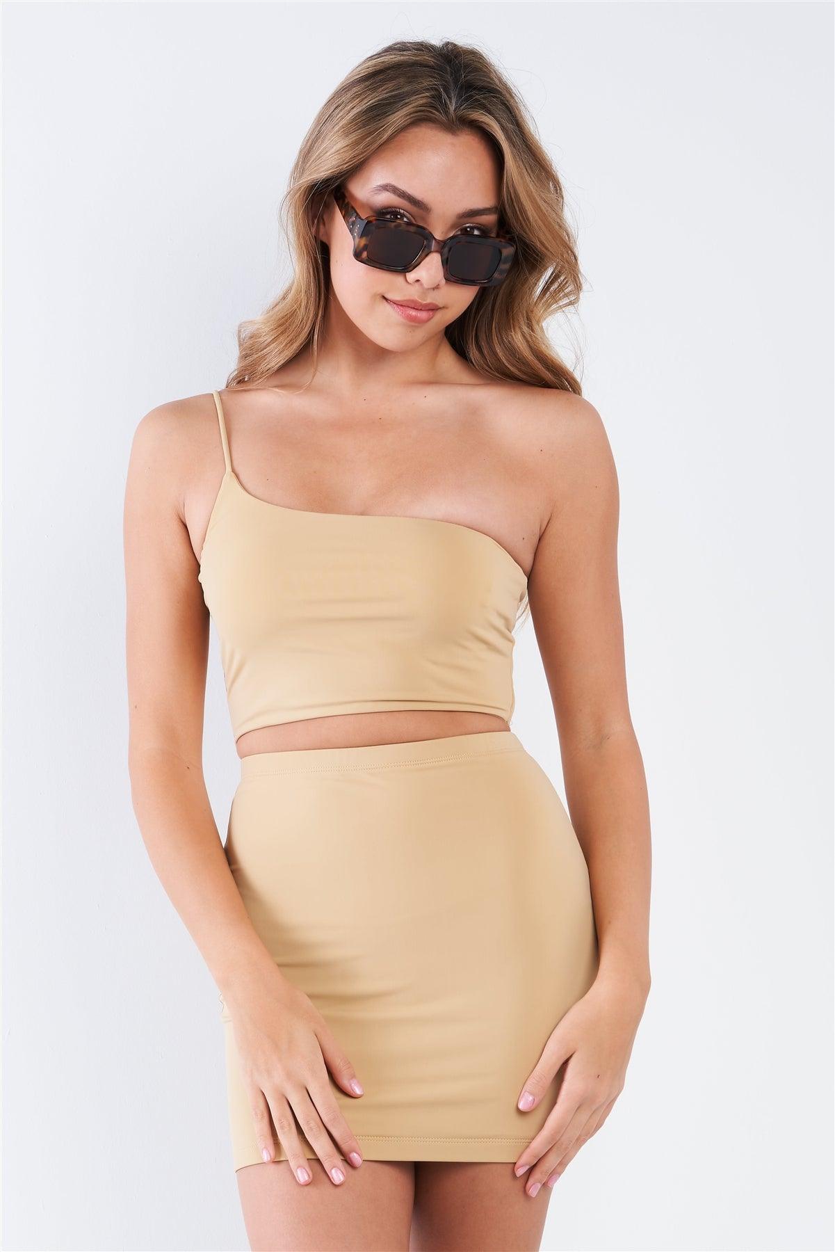 Nude One Shoulder Crop Cami Top & Mini Skirt Set /3-2-1