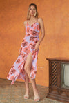 Coral & Lilac Floral Print Sleeveless Self-Tie Wide Wrap Front Ruffle Hem Side Slit Detail Midi Dress /3-2-1