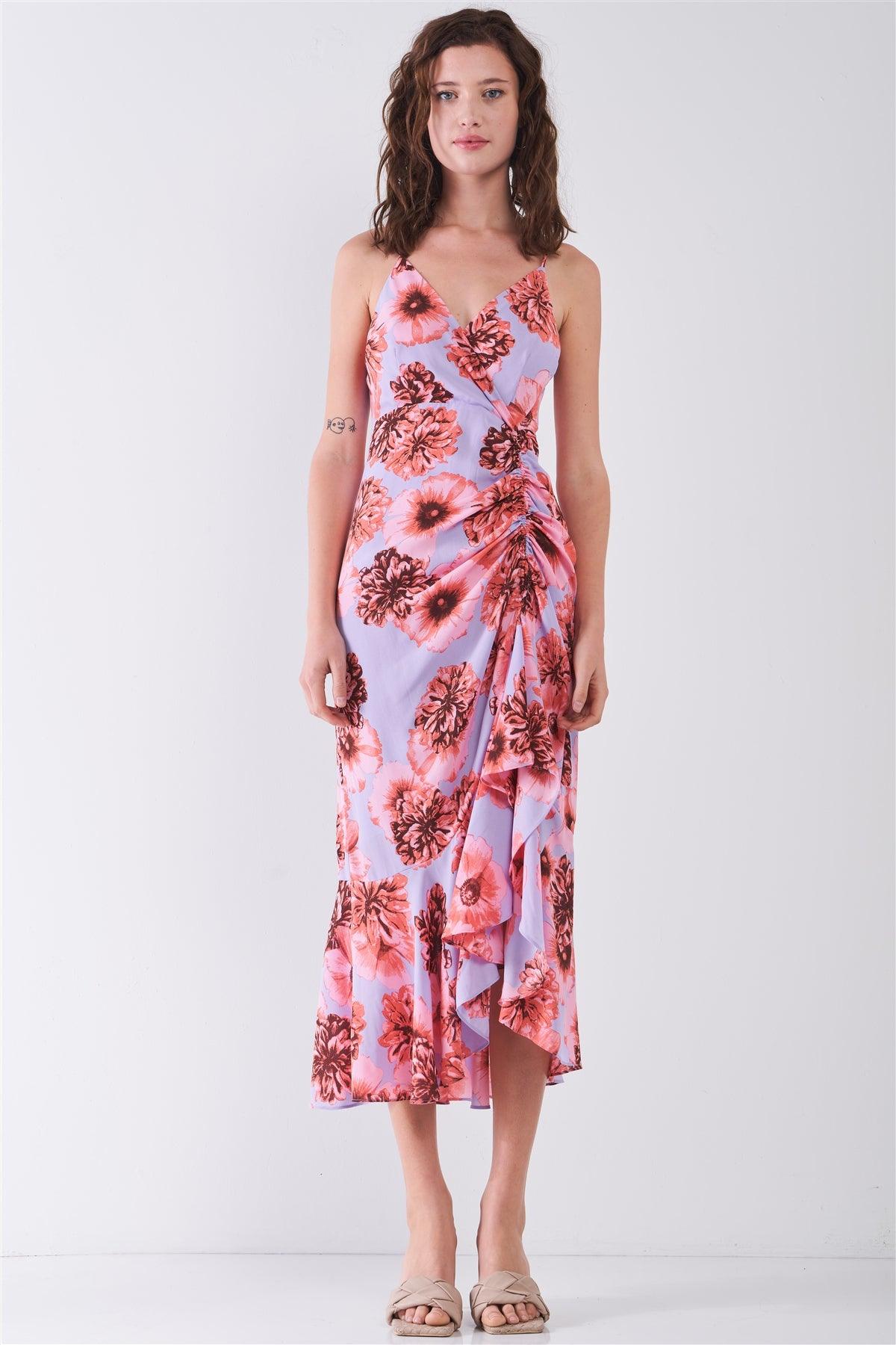 Coral & Lilac Floral Print Sleeveless V-Neck Gathered Side Detail Ruffle Hem Midi Dress /3-2-1