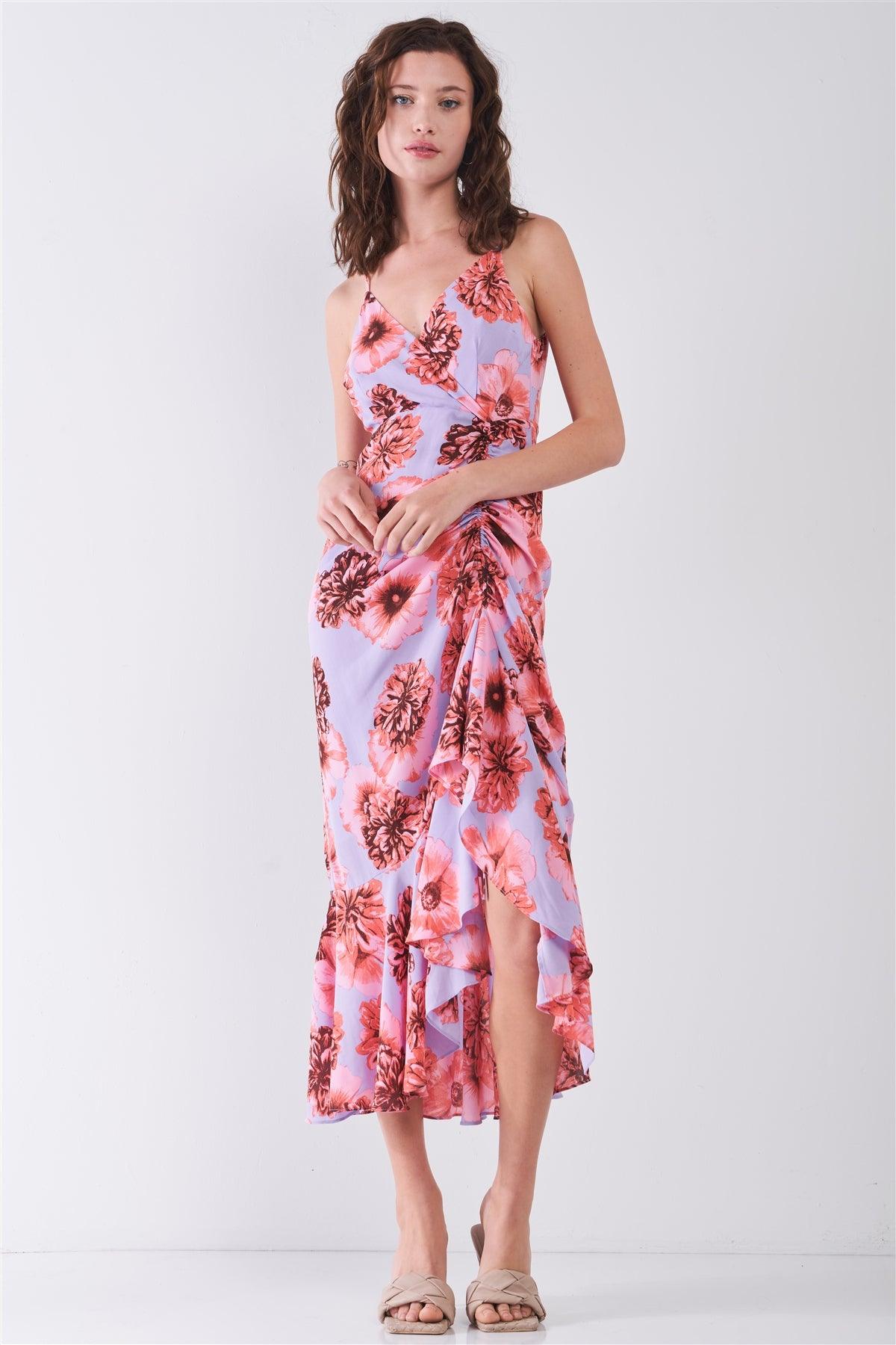 Coral & Lilac Floral Print Sleeveless V-Neck Gathered Side Detail Ruffle Hem Midi Dress /3-2-1