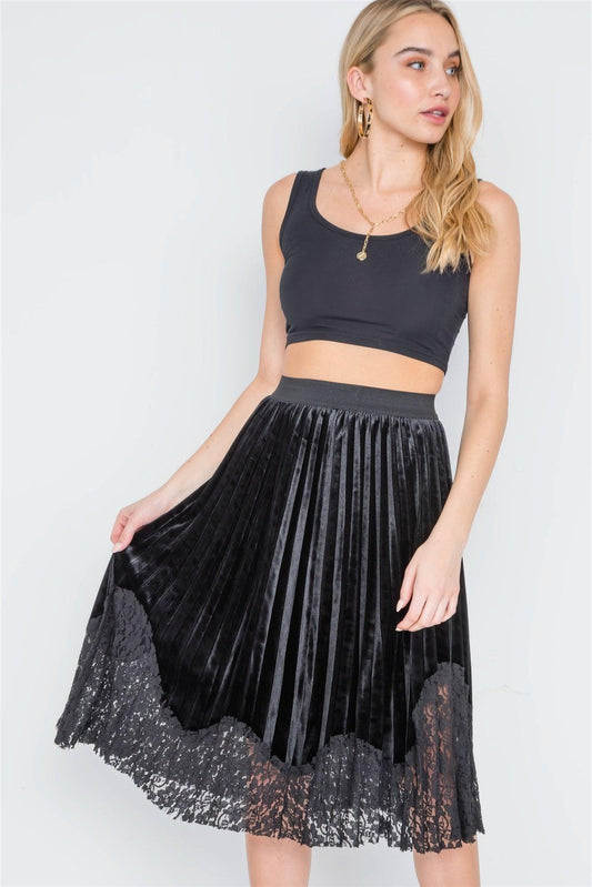 Black Velvet High-Waist Pleated Combo Lace Skirt /1-2-2-1