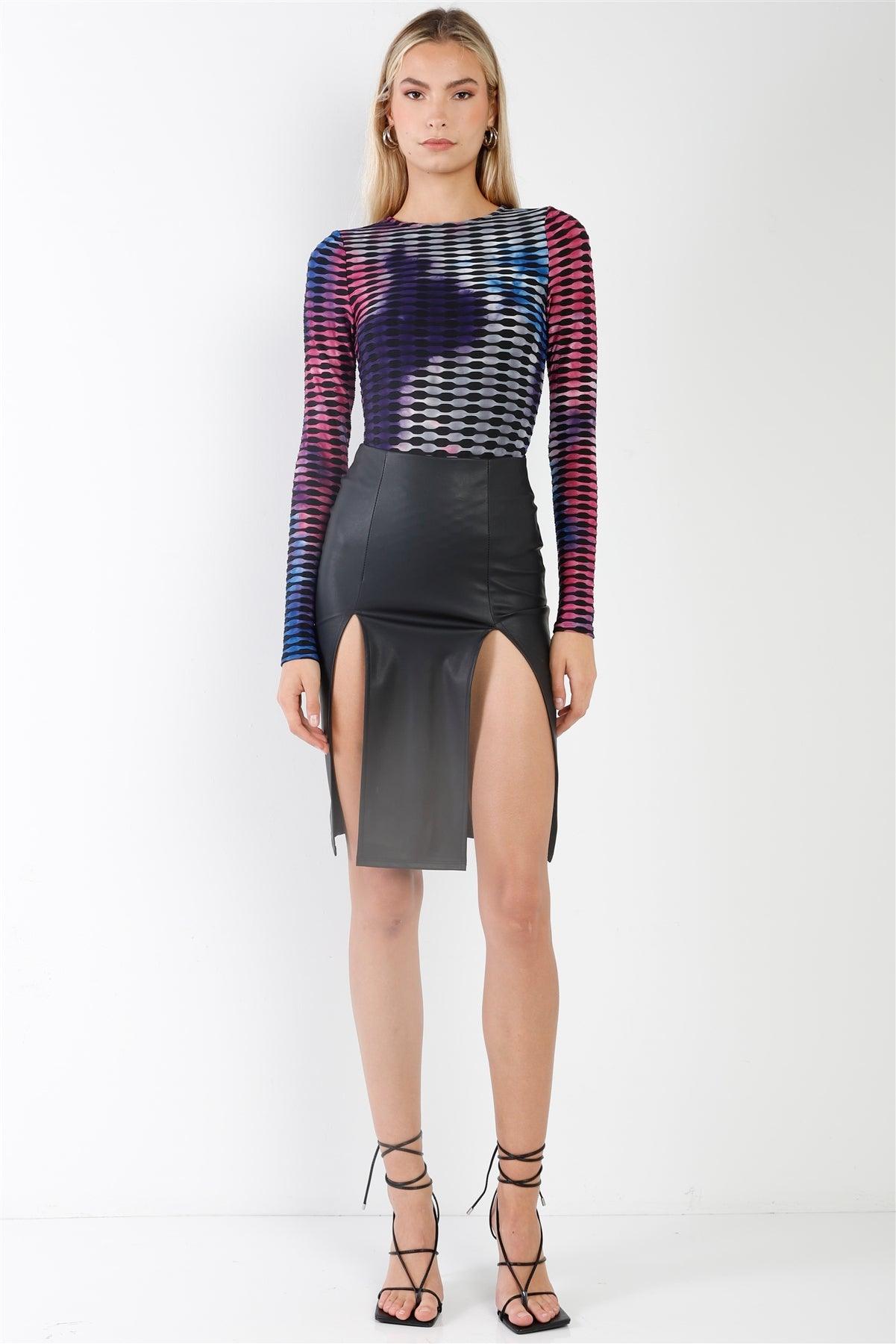 Black Faux Leather High Waist Slit Details Midi Skirt /3-2-1