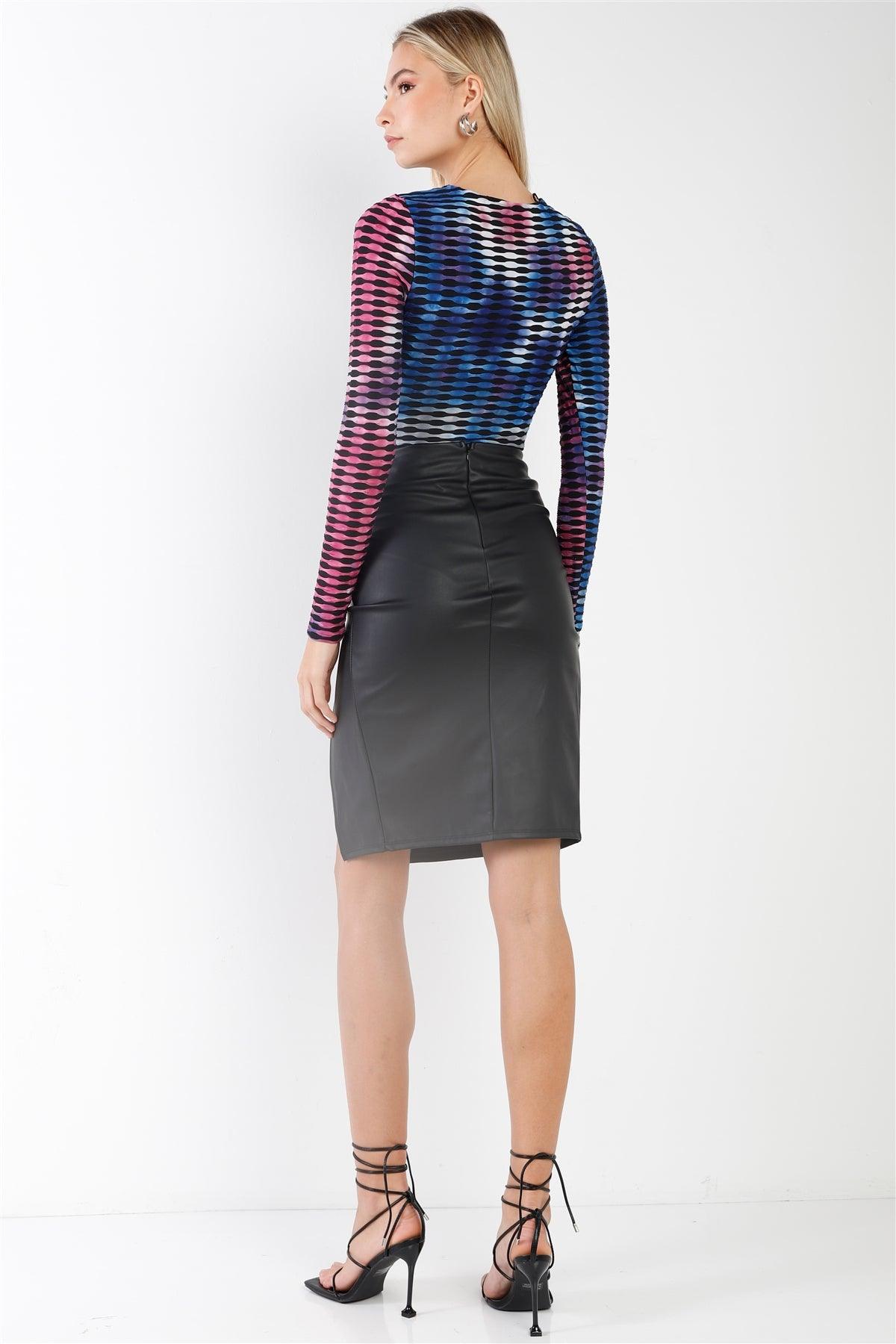 Black Faux Leather High Waist Slit Details Midi Skirt /3-2-1