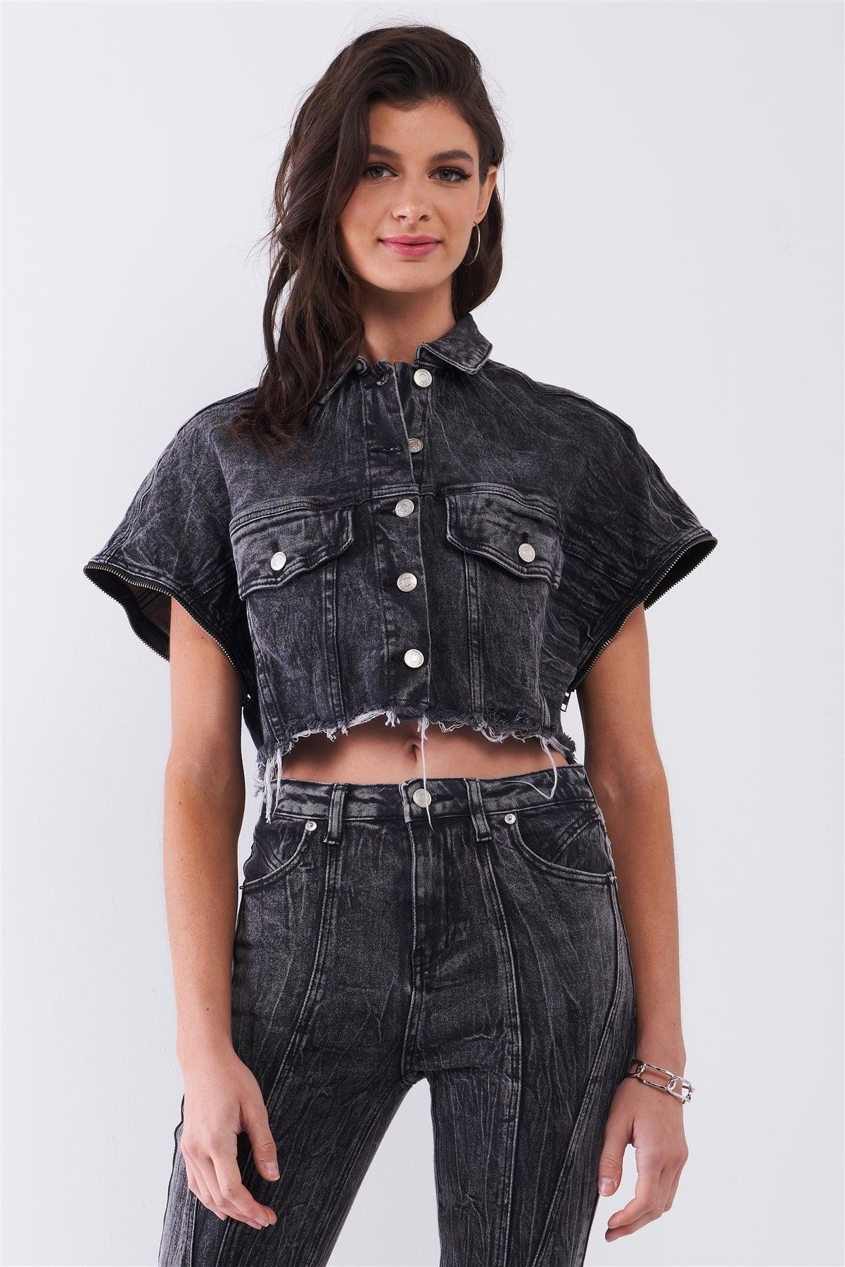 Washed Black Wrinkled Denim Raw Hem Detachable Balloon Sleeve Detail Button-Down Convertible Cropped Jacket /3-2-1