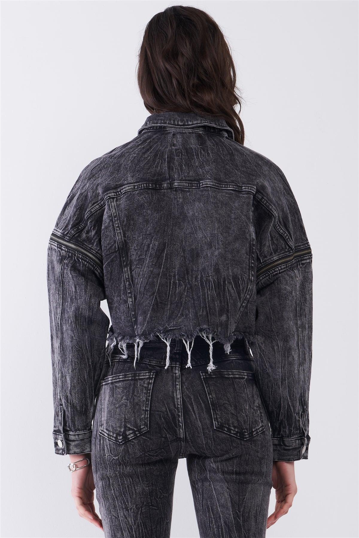 Washed Black Wrinkled Denim Raw Hem Detachable Balloon Sleeve Detail Button-Down Convertible Cropped Jacket /3-2-1