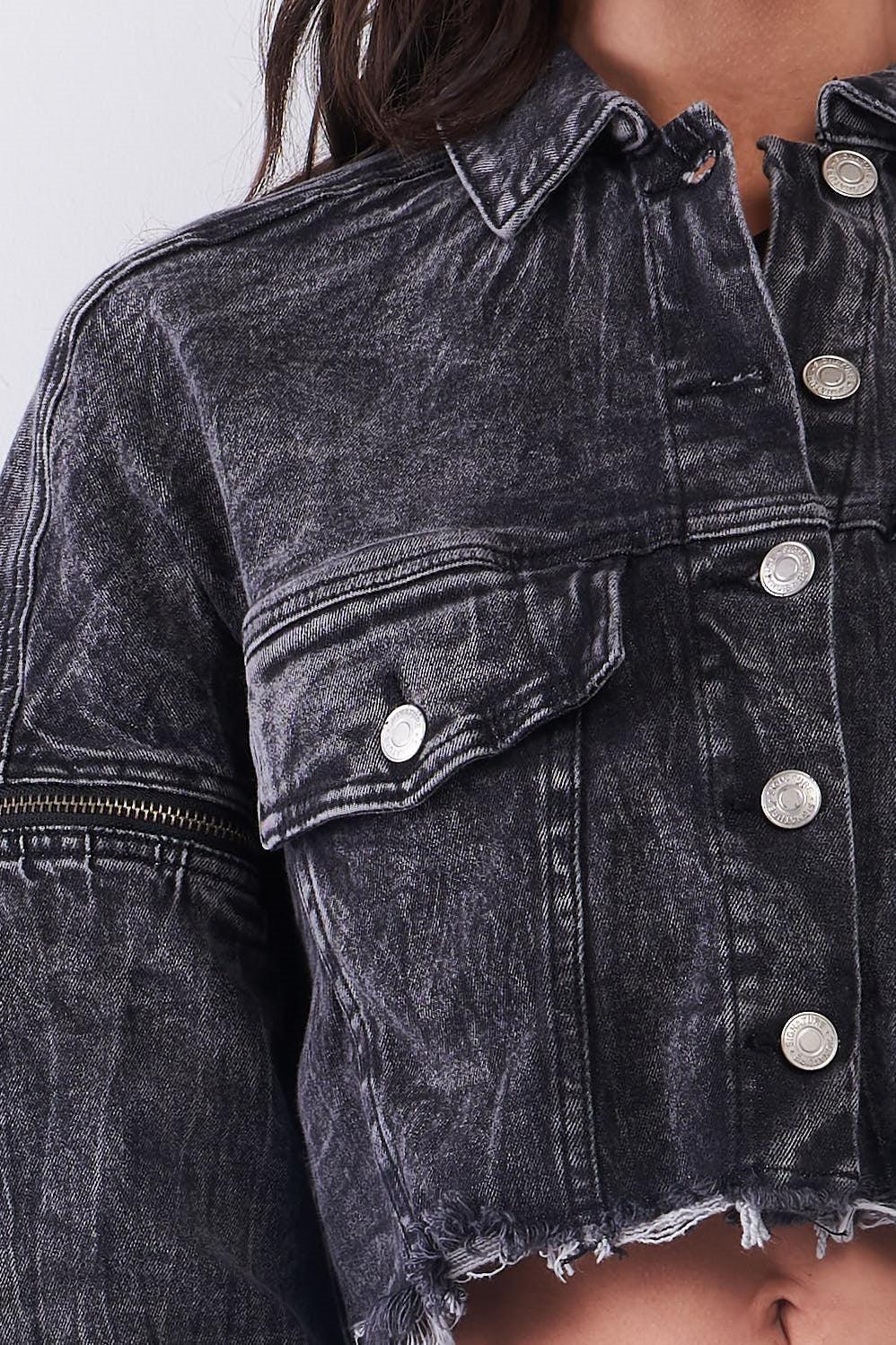 Washed Black Wrinkled Denim Raw Hem Detachable Balloon Sleeve Detail Button-Down Convertible Cropped Jacket /3-2-1