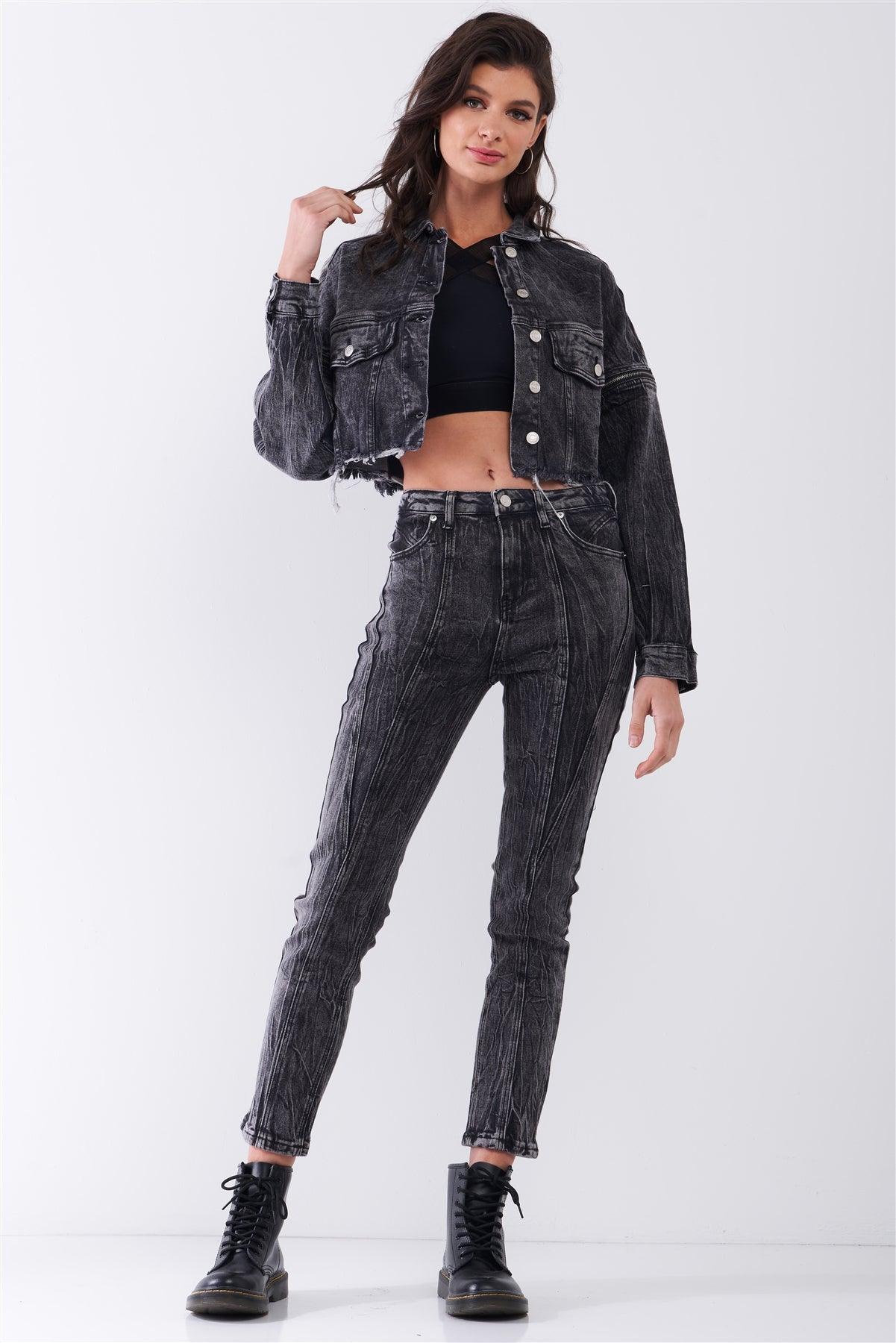 Washed Black Wrinkled Denim Raw Hem Detachable Balloon Sleeve Detail Button-Down Convertible Cropped Jacket /3-2-1