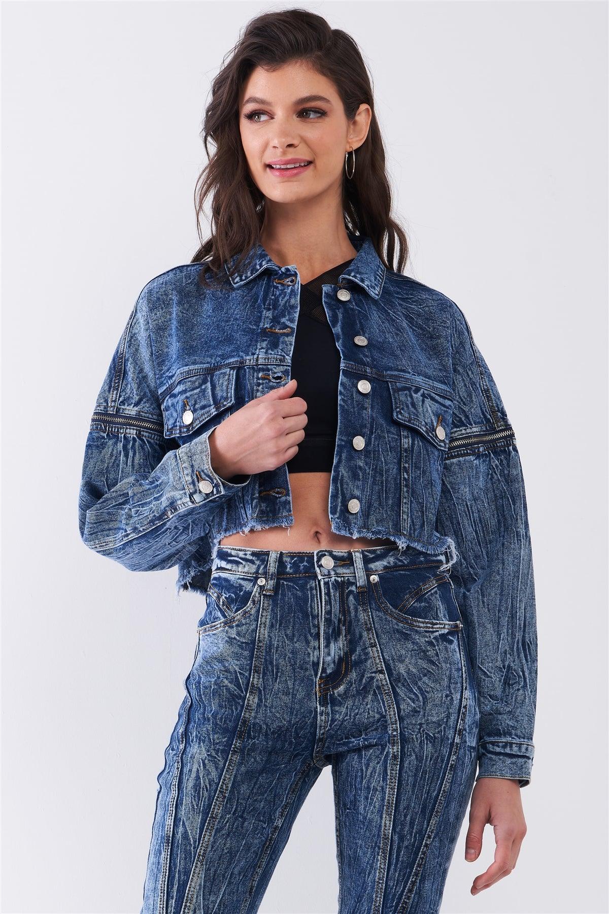 Medium Blue Wrinkled Denim Raw Hem Detachable Balloon Sleeve Detail Button-Down Convertible Cropped Jacket /3-2-1