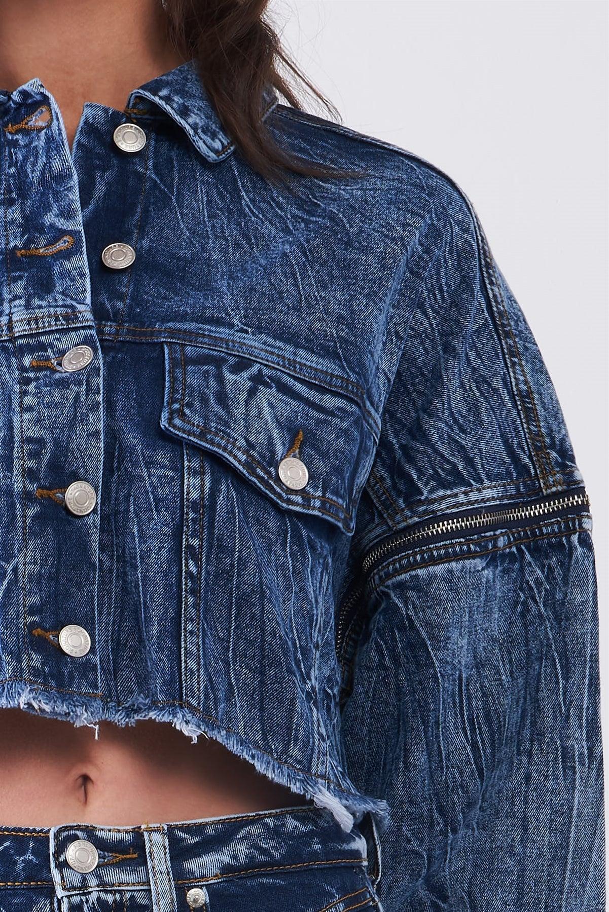 Medium Blue Wrinkled Denim Raw Hem Detachable Balloon Sleeve Detail Button-Down Convertible Cropped Jacket /3-2-1