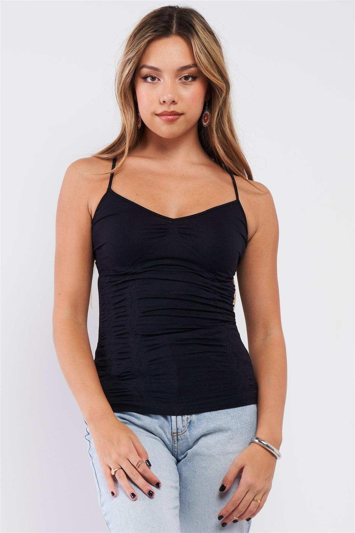 Black Basic Sleeveless V-Neck Gathered Front Detail Ribbed Back Cami Top /3-3