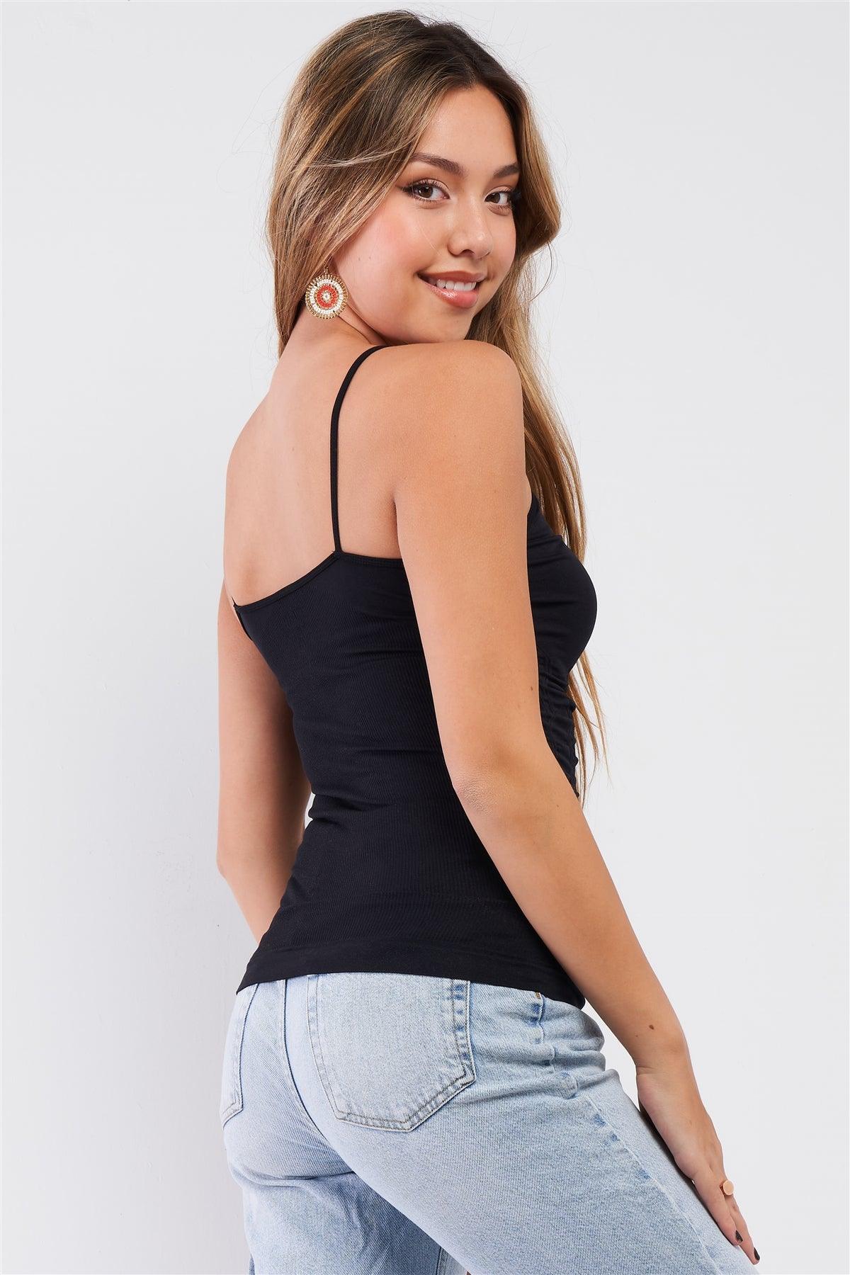 Black Basic Sleeveless V-Neck Gathered Front Detail Ribbed Back Cami Top /3-3