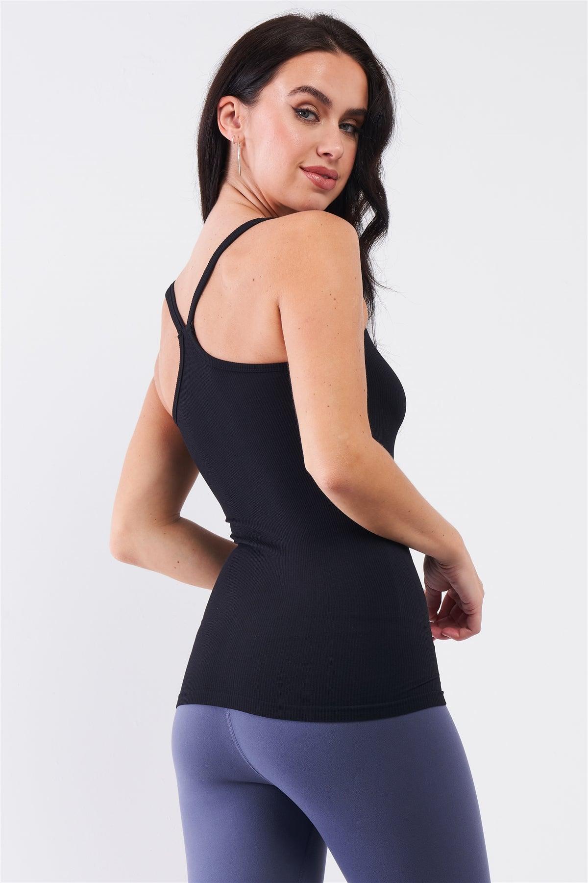 Black Basic Ribbed Sleeveless V-Neck Racer Back Cami Top /3-3