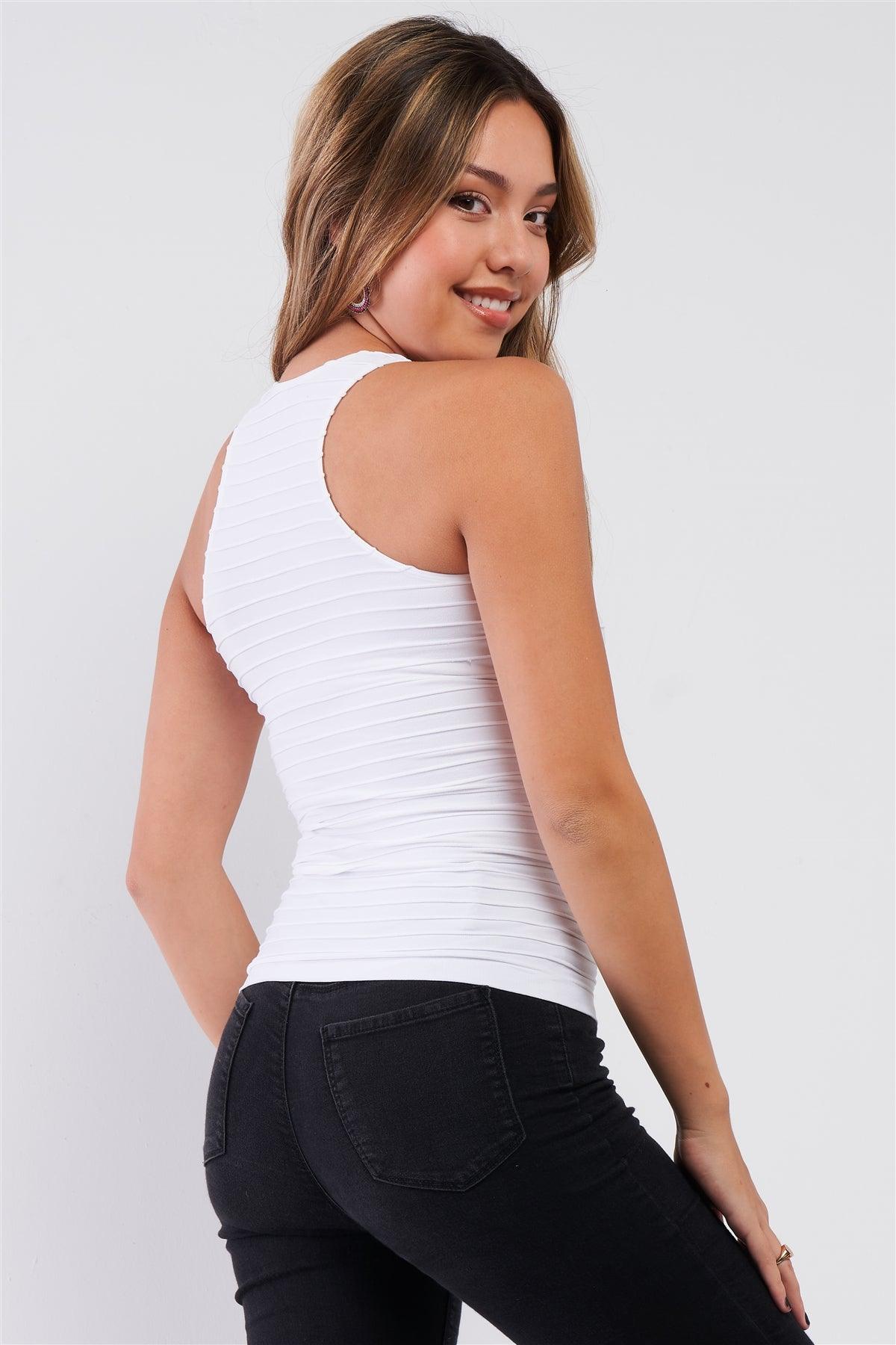 White Sleeveless Round Neck Horizontal Pleated Detail Fitted Tank Top /3-3
