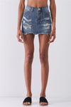 Mid Denim High Waist Distressed Raw Hem Detail Mini Skirt /3-2-1