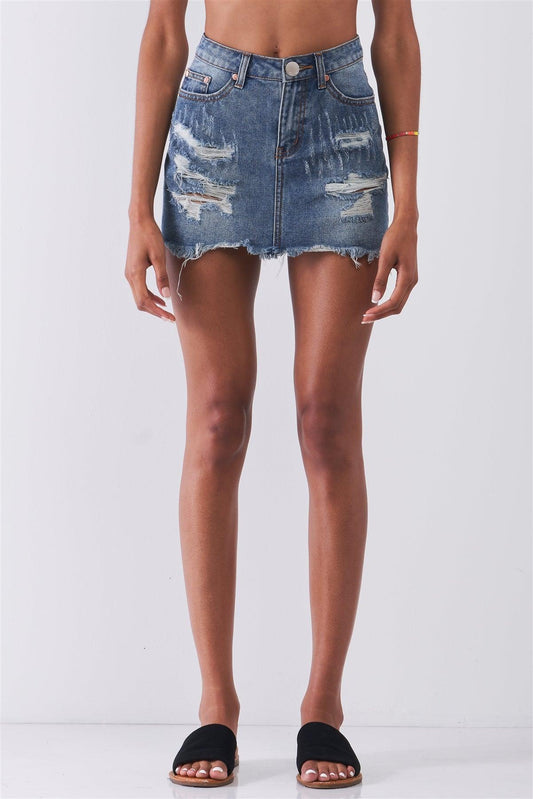 Mid Denim High Waist Distressed Raw Hem Detail Mini Skirt