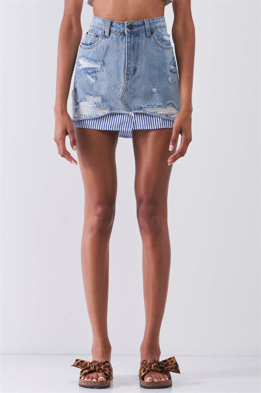 Washed Light Denim Combo High Waist Distressed Raw Hem Striped Underlining Detail Mini Skirt