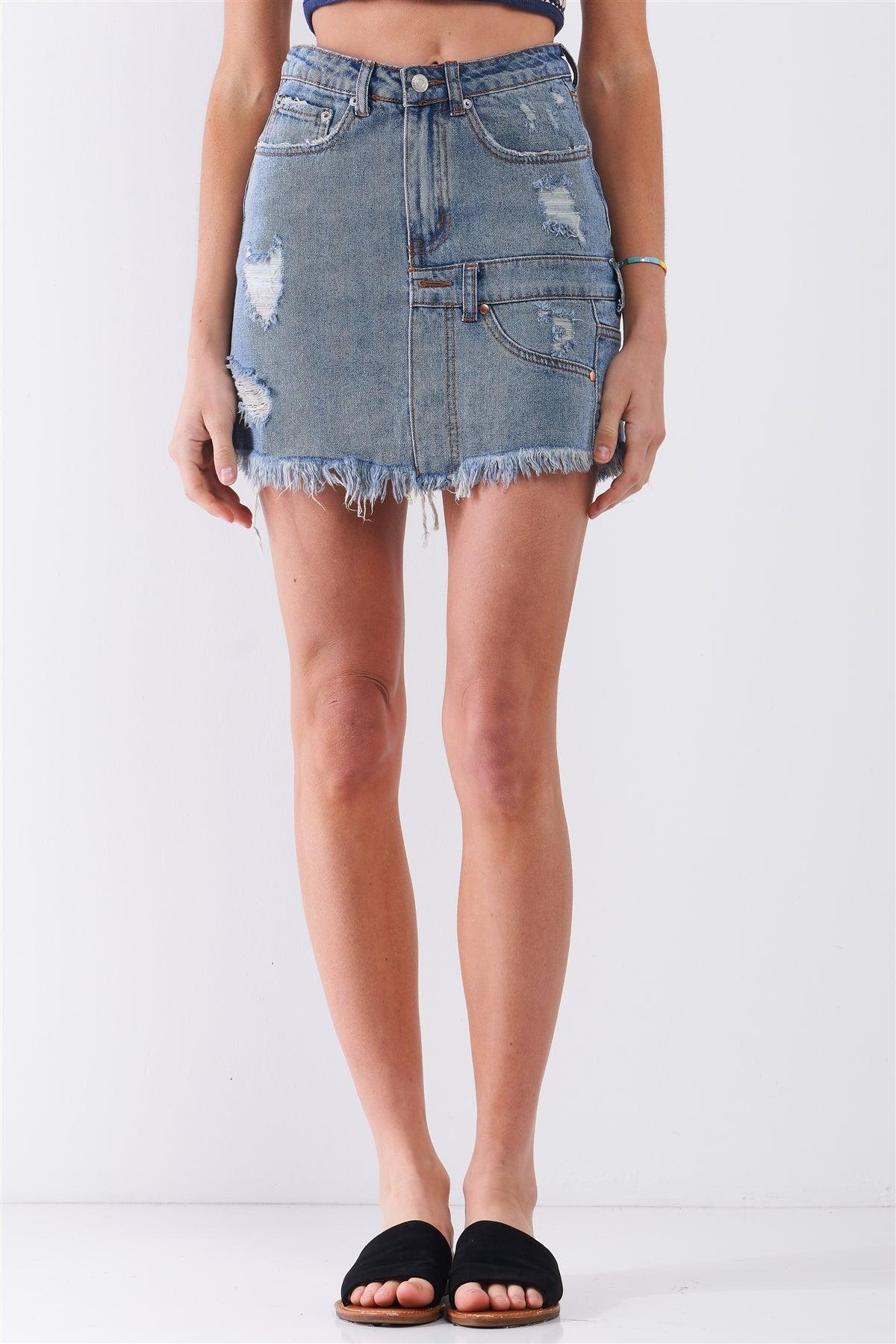 Medium Blue Denim High-Waist Distressed Effect Asymmetrical Trim Raw Hem Detail Mini Skirt /2-2-1