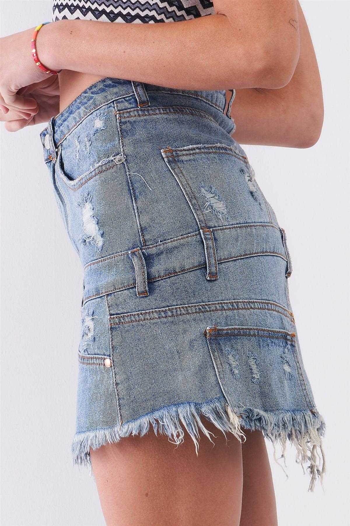 Medium Blue Denim High-Waist Distressed Effect Asymmetrical Trim Raw Hem Detail Mini Skirt /2-2-1