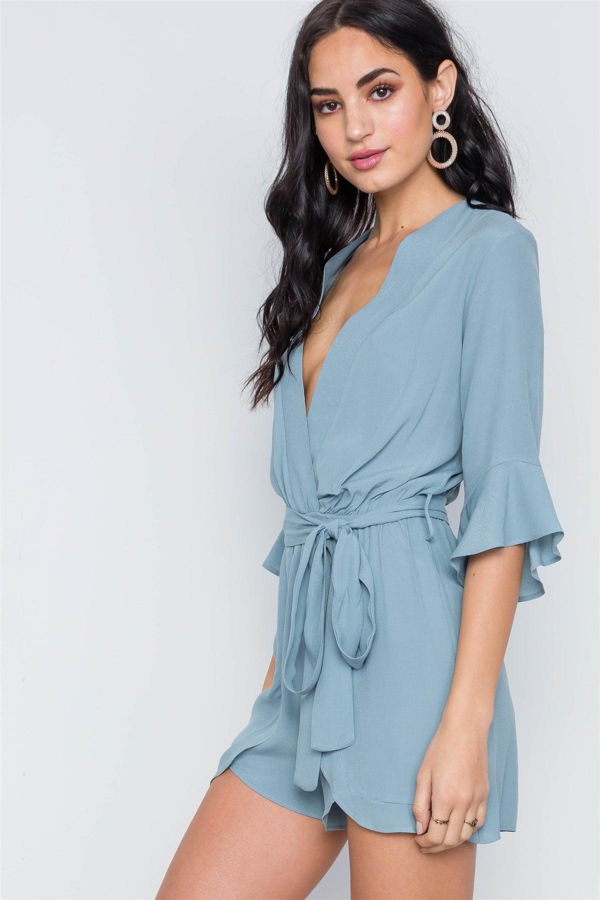 Blue Surplice V-Neck 3/4 Bell Sleeve Boho Romper / 1-3-2-1-1