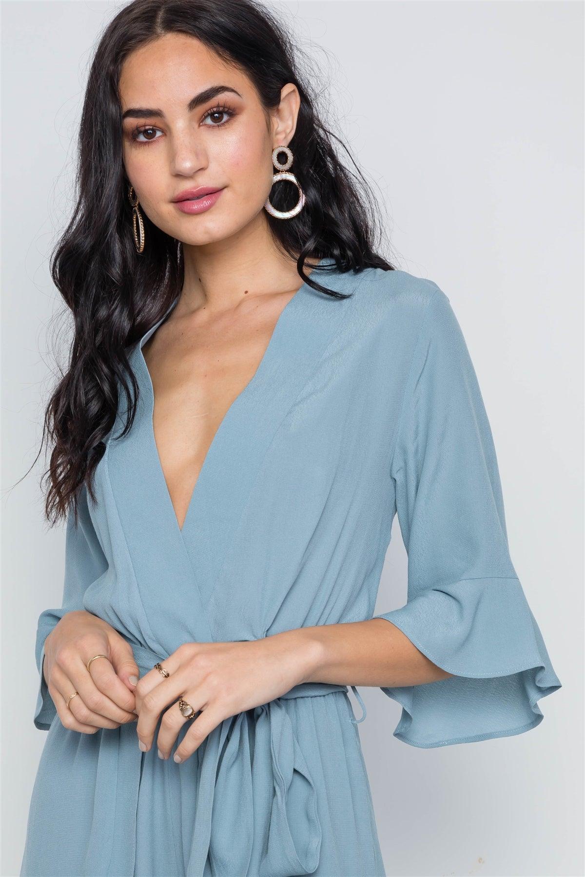 Blue Surplice V-Neck 3/4 Bell Sleeve Boho Romper / 1-3-2-1-1