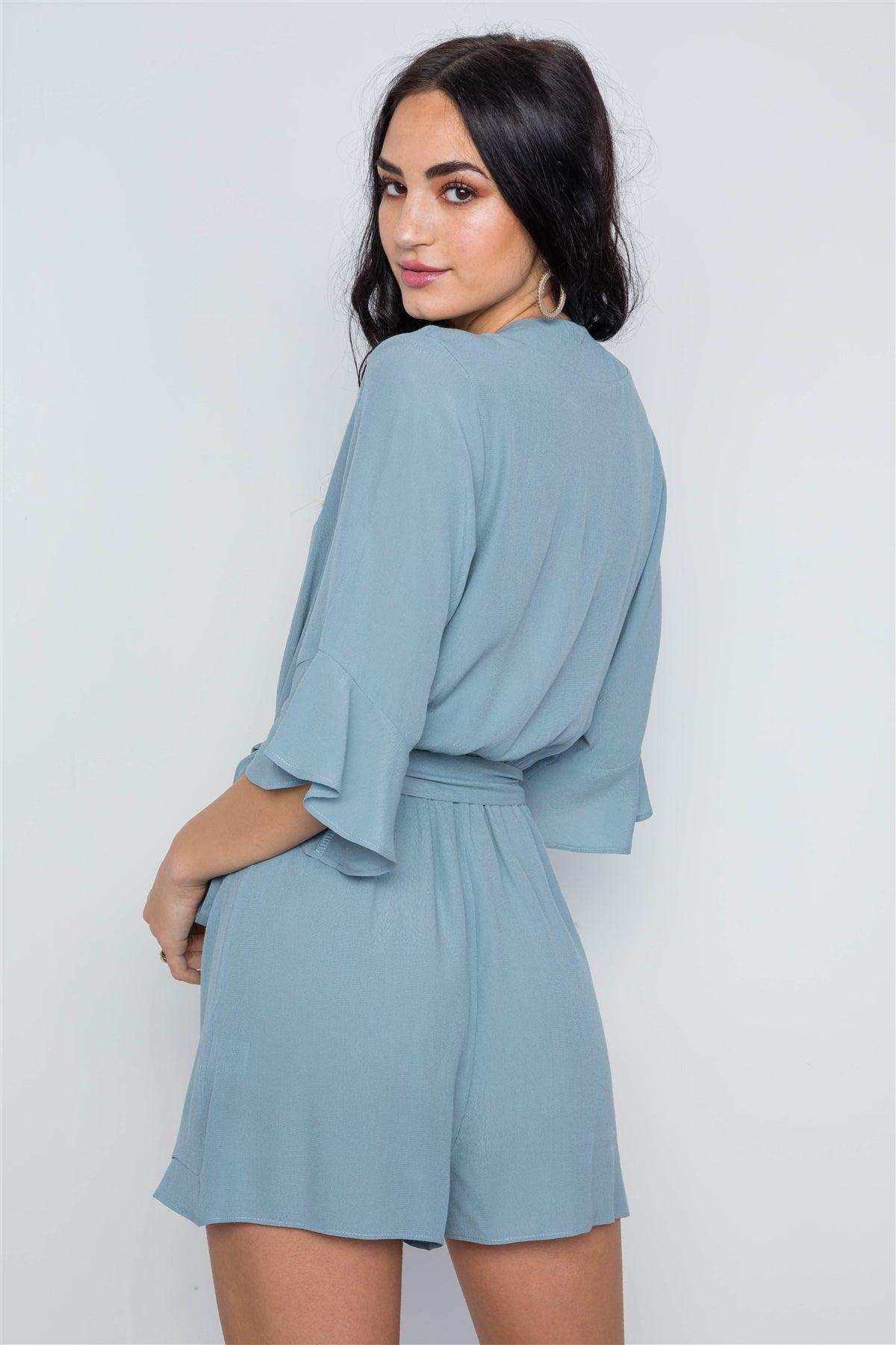 Blue Surplice V-Neck 3/4 Bell Sleeve Boho Romper / 1-3-2-1-1