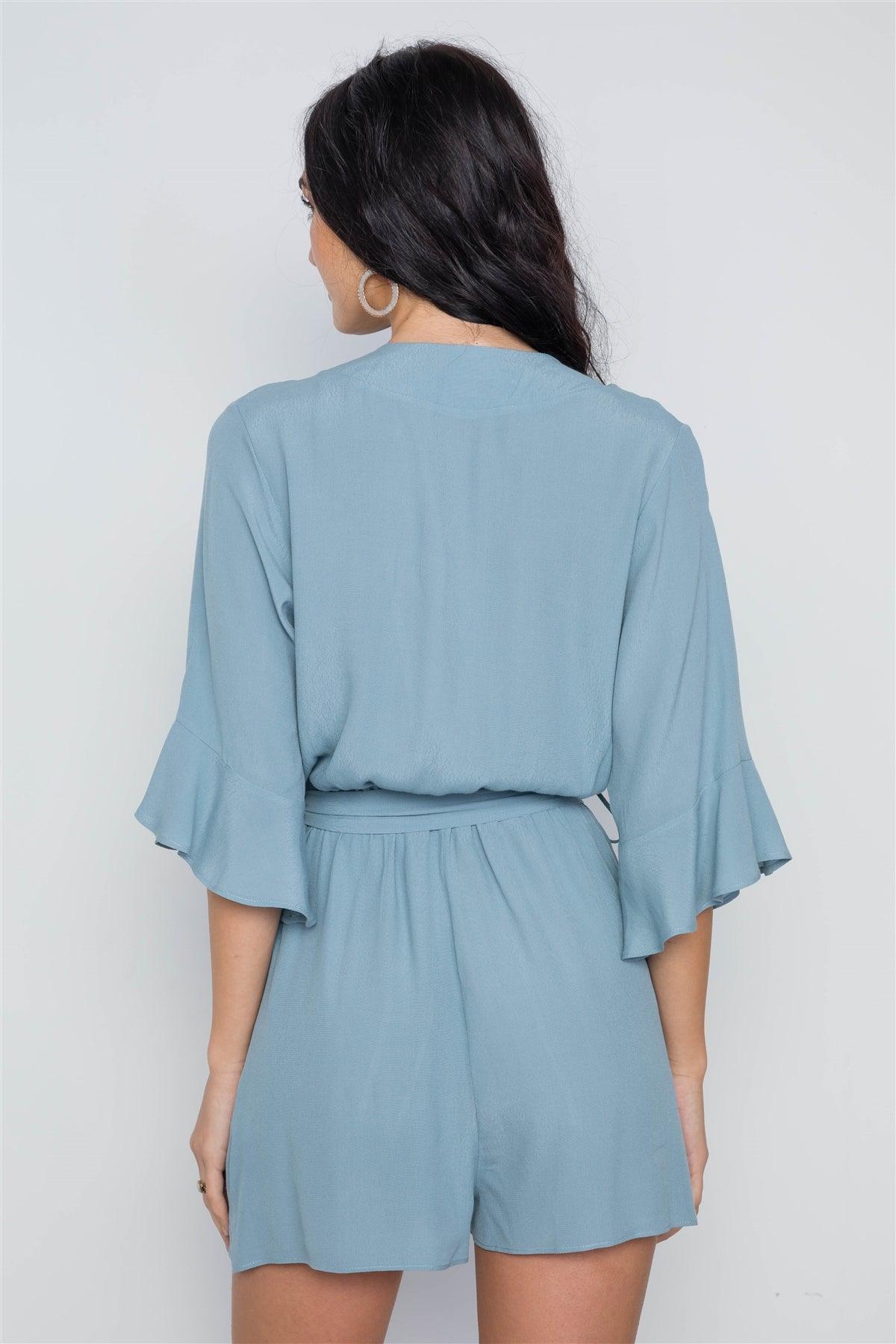 Blue Surplice V-Neck 3/4 Bell Sleeve Boho Romper / 1-3-2-1-1