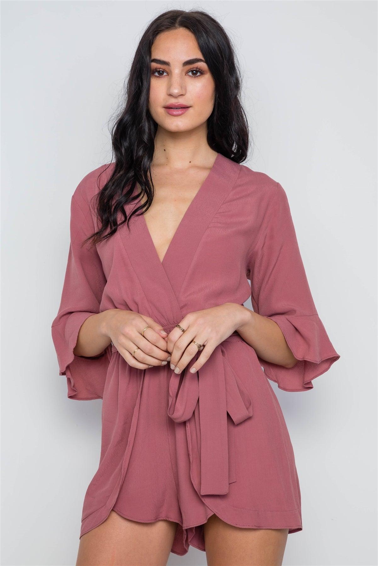 Mauve Surplice V-Neck 3/4 Bell Sleeve Boho Romper / 1-2-2-1