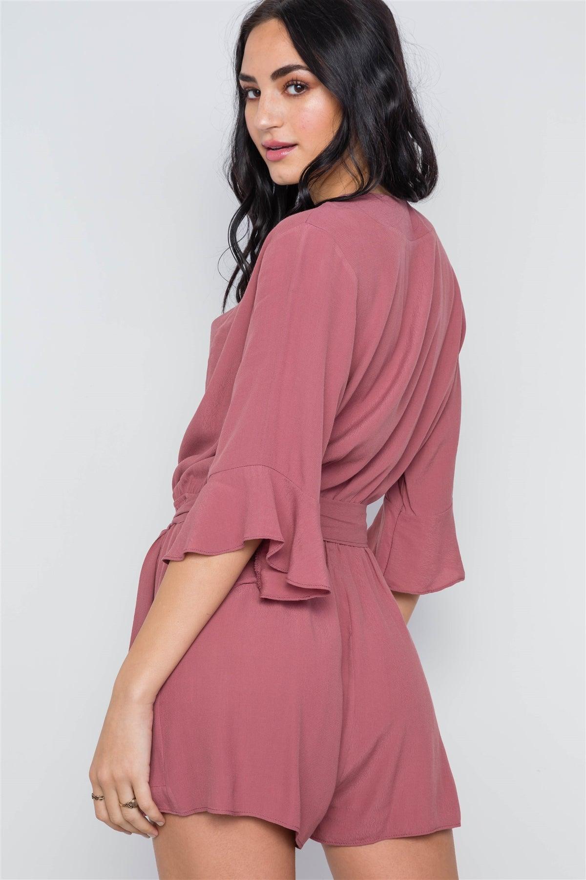 Mauve Surplice V-Neck 3/4 Bell Sleeve Boho Romper / 1-2-2-1