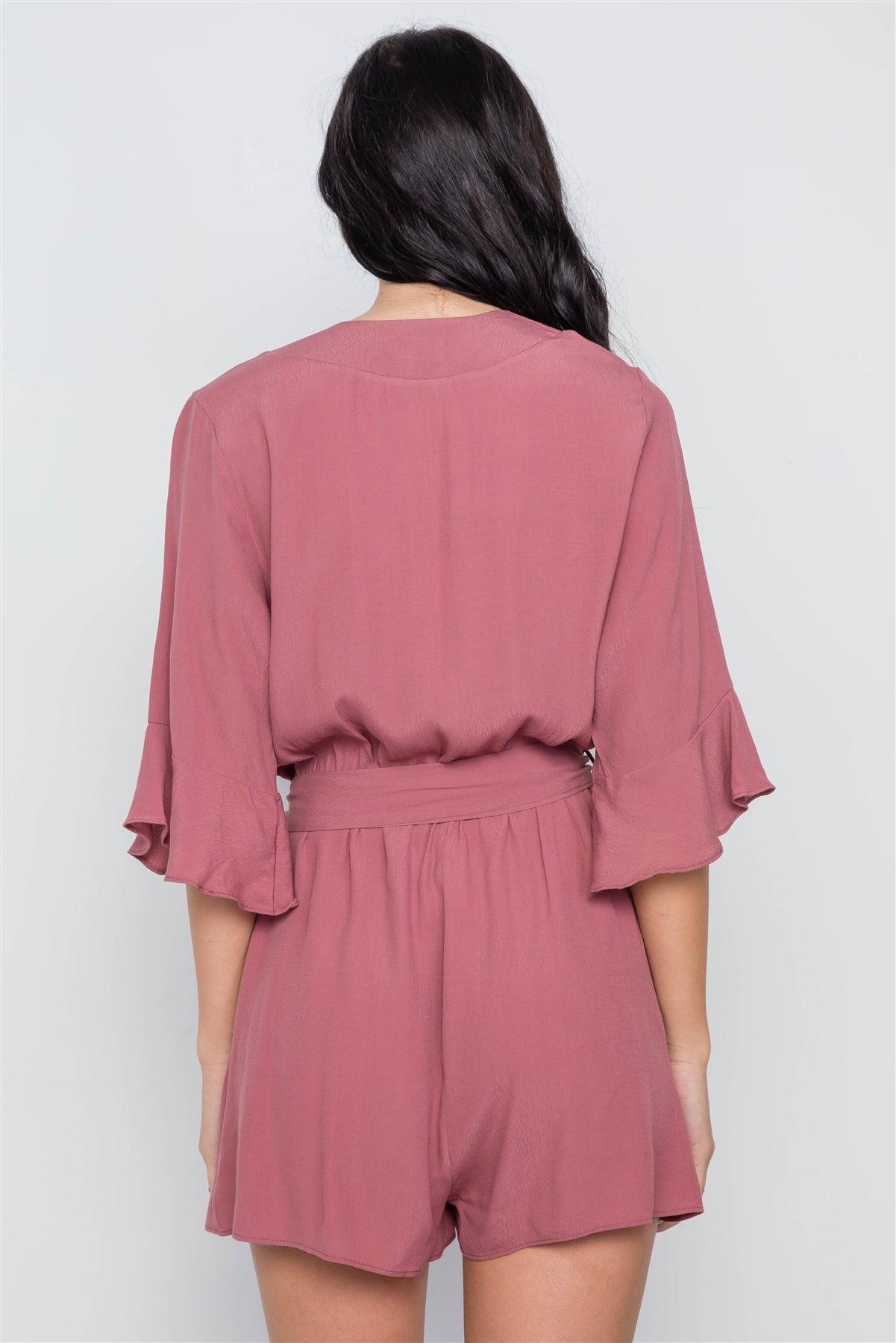 Mauve Surplice V-Neck 3/4 Bell Sleeve Boho Romper / 1-2-2-1