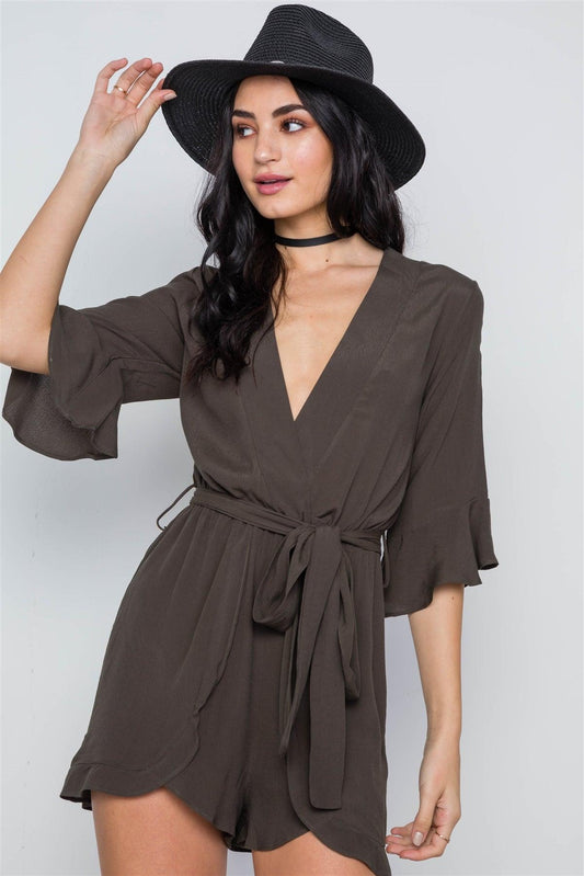 Olive Surplice V-Neck 3/4 Bell Sleeve Boho Romper  / 1-3-2-1-1