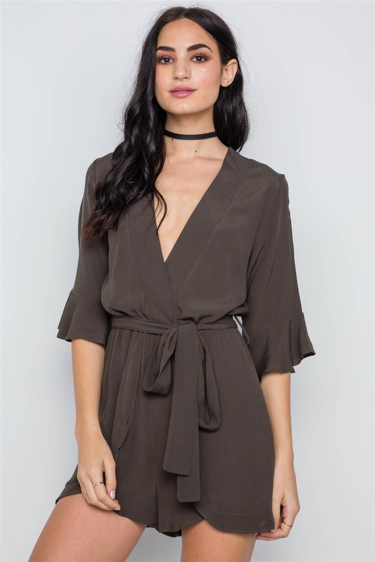 Olive Surplice V-Neck 3/4 Bell Sleeve Boho Romper